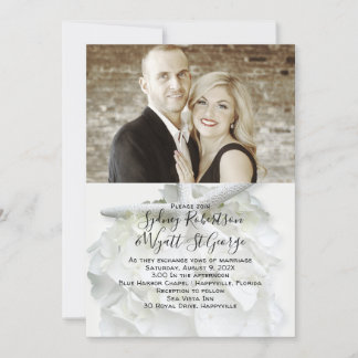 Seaside Garden White Photo Wedding Invitation