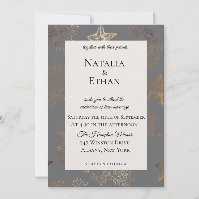 Seaside Glow Starfish Coral Wedding Invitation (Front)