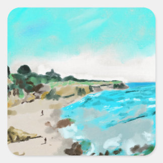 Seaside Hill and Beach Landscape Square Sticker