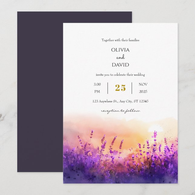 Seaside Lavender Sunrise Watercolor Beach Wedding  Invitation (Front/Back)