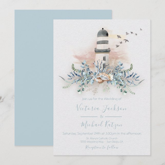 Seaside Lighthouse Beach Wedding invitations (Front/Back)