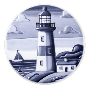 Seaside Lighthouse by the Sea Blue and White Ceramic Knob