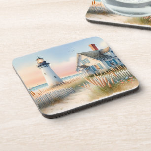 Seaside Lighthouse & Cottage Watercolor Scene Coaster