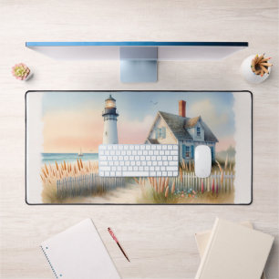 Seaside Lighthouse & Cottage Watercolor Scene Desk Mat