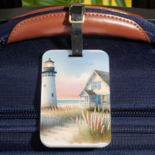 Seaside Lighthouse & Cottage Watercolor Scene Luggage Tag