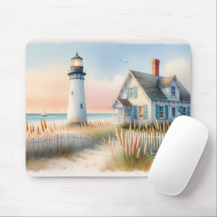 Seaside Lighthouse & Cottage Watercolor Scene Mouse Mat