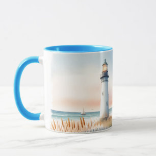 Seaside Lighthouse & Cottage Watercolor Scene Mug