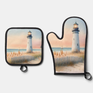 Seaside Lighthouse & Cottage Watercolor Scene Oven Mitt & Pot Holder Set