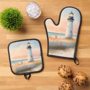 Seaside Lighthouse & Cottage Watercolor Scene Oven Mitt & Pot Holder Set