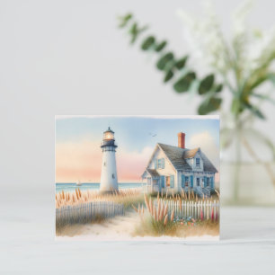 Seaside Lighthouse & Cottage Watercolor Scene Postcard