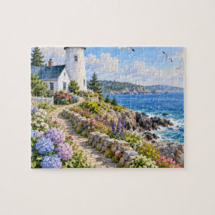 Seaside Lighthouse Hydrangea Coastal Garden Jigsaw Puzzle