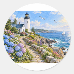 Seaside Lighthouse Hydrangea Coastal Garden Round Classic Round Sticker