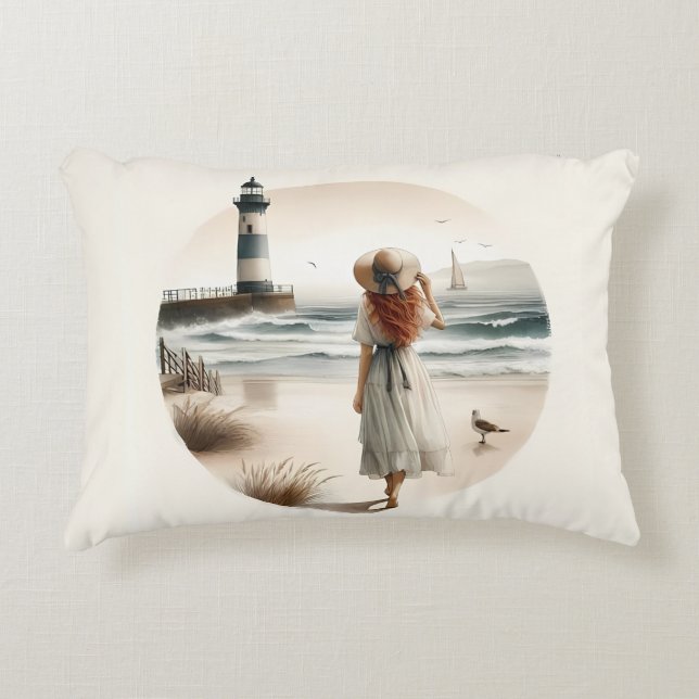 Seaside Lighthouse Stroll Decorative Cushion (Front)