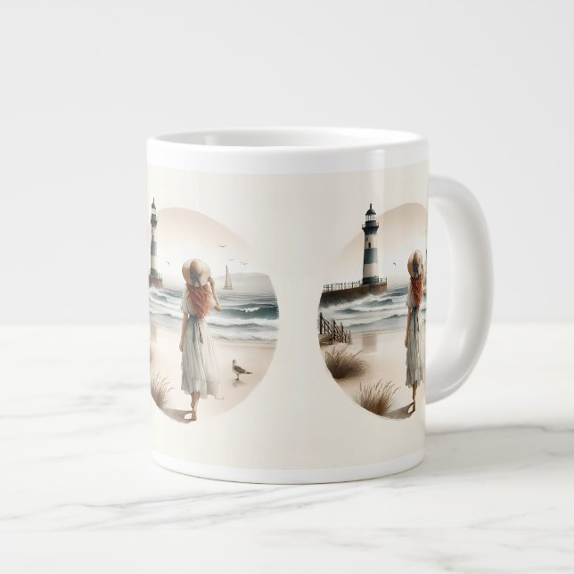 Seaside Lighthouse Stroll Large Coffee Mug (Front Right)