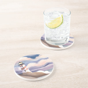 Seaside Lighthouse Watercolor Ocean Painting Coaster