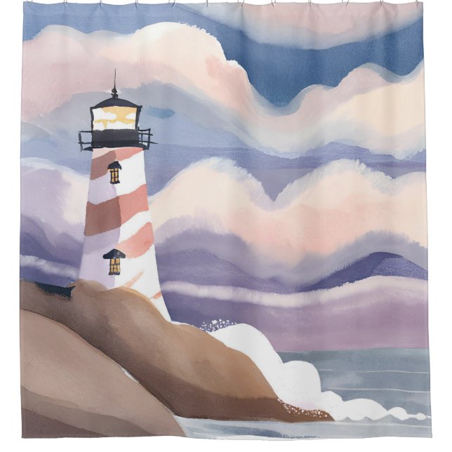 Seaside Lighthouse | Watercolor Ocean Painting Shower Curtain (Front)