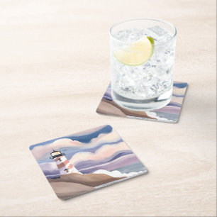 Seaside Lighthouse Watercolor Ocean Painting Square Paper Coaster