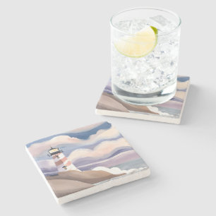 Seaside Lighthouse Watercolor Ocean Painting Stone Coaster