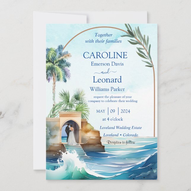 Seaside Love: Tropical Beach Wedding Invitation (Front)
