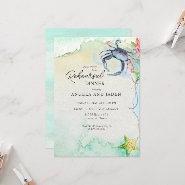 Seaside Maryland Crab Rehearsal Dinner Invitation (Front/Back In Situ)