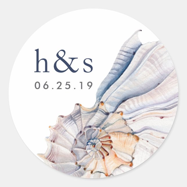Seaside | Nautical Seashell Wedding Monogram Classic Round Sticker (Front)