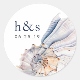 Seaside   Nautical Seashell Wedding Monogram Classic Round Sticker
