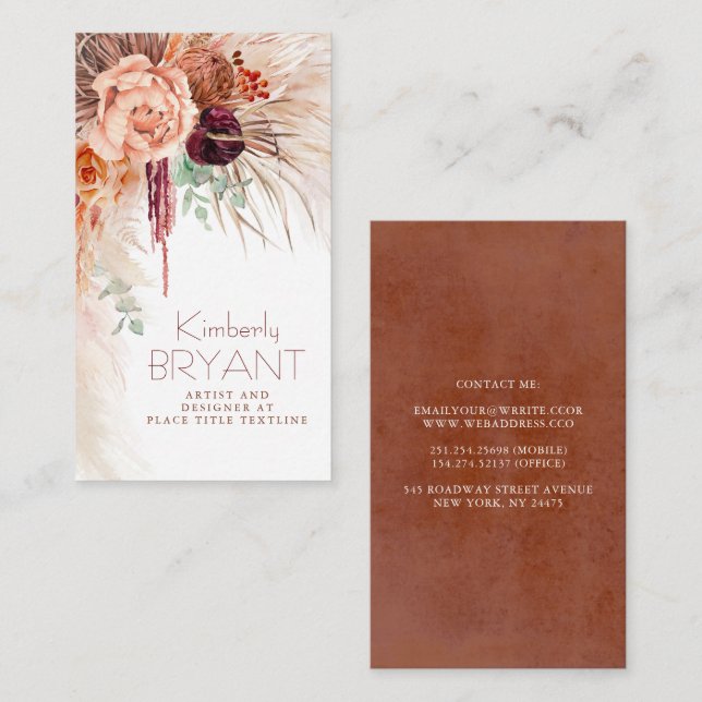 Seaside Pampas Grass and Terracotta Flowers Boho Business Card (Front/Back)