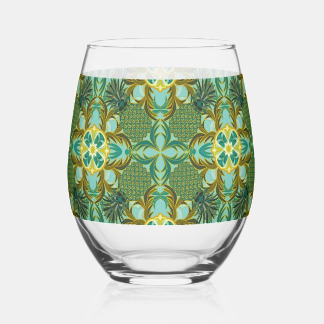Seaside Pineapple Fun Stemless Wine Glass (Front)