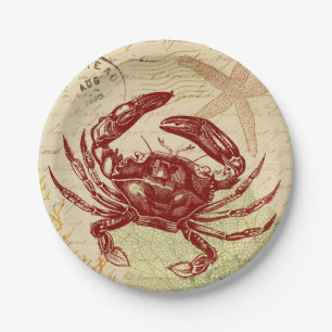 Seaside Red Crab Collage Paper Plate