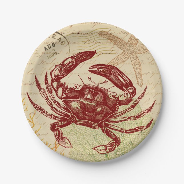 Seaside Red Crab Collage Paper Plate (Front)