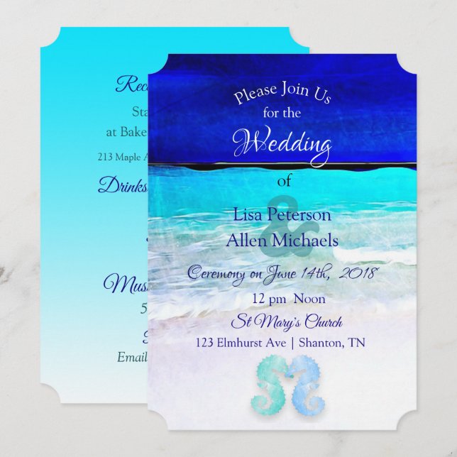 Seaside Seahorses Blue Beach Wedding invitations (Front/Back)