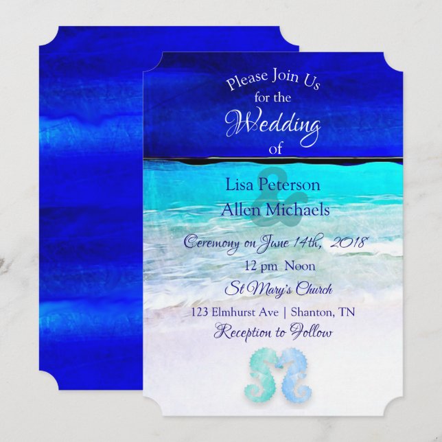 Seaside Seahorses Blue Beach Wedding invitations (Front/Back)