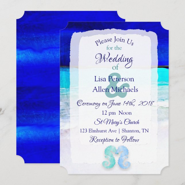 Seaside Seahorses Blue Beach Wedding invitations (Front/Back)