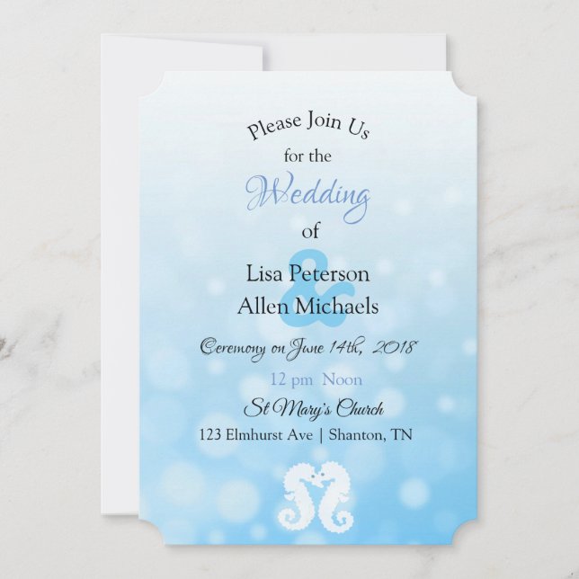 Seaside Seahorses Blue Bokeh Wedding invitations (Front)