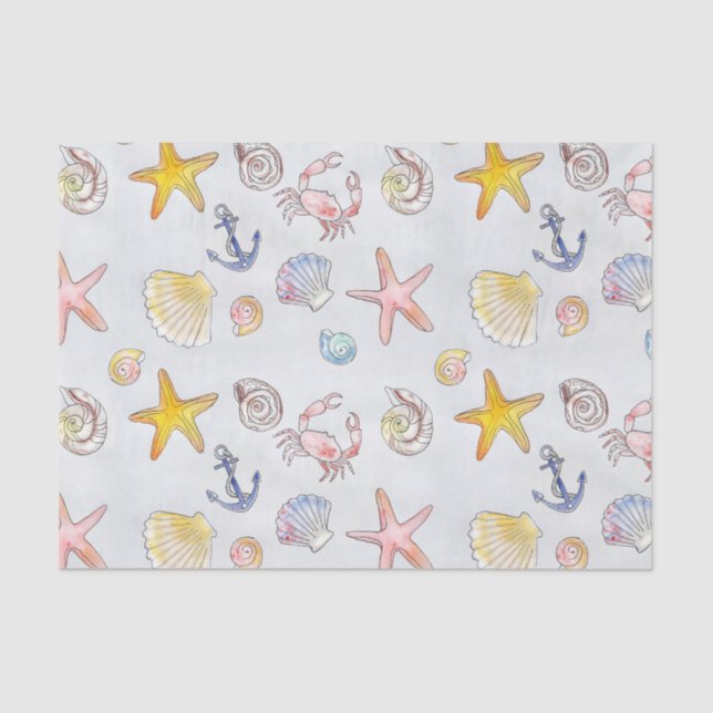 Seaside Seashells Starfish Watercolor Pattern Tissue Paper (Front)