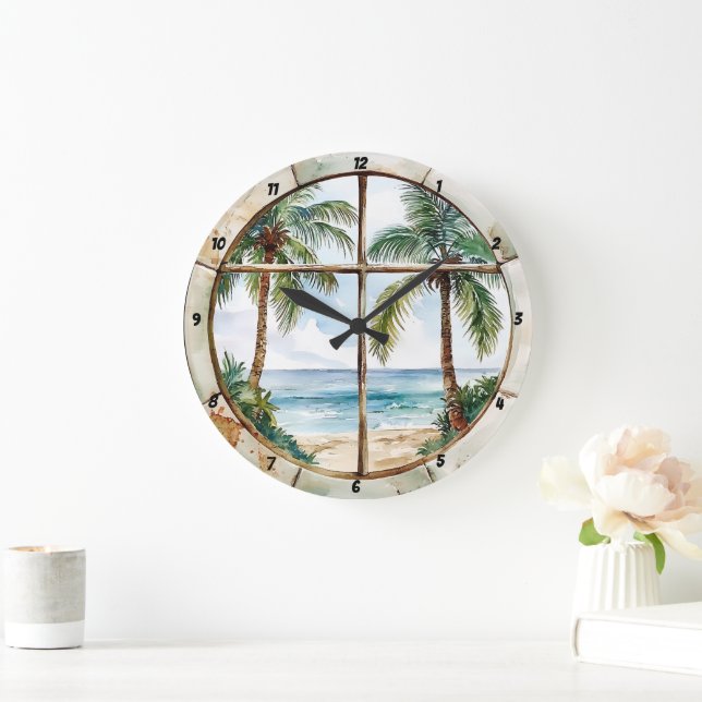 Seaside Serenity" - Nautical Window Tropical Beach Large Clock (Home)