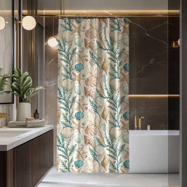 Seaside Shower Curtain Ivory and Blue Coastal Vibe (Seaside Shower Curtain Ivory and Blue Coastal Vibe)