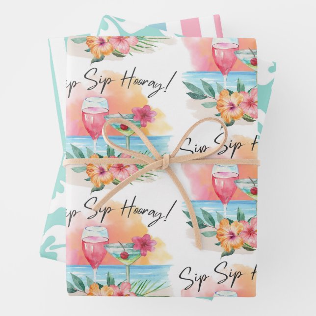 Seaside Sippin' | Tropical Beach Hibiscus Hooray Wrapping Paper Sheet (In situ)