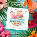 Seaside Sippin' | Tropical Beach Sip Sip Hooray Napkin<br><div class="desc">Tropical theme napkins feature a watercolor beach sunset,  cocktails,  hibiscus flowers and palm leaves with a "Sip Sip Hooray" caption. These would work great for a variety of celebrations: wedding couple's shower or anniversary,  engagement party,  bridal shower... you get the idea!</div>