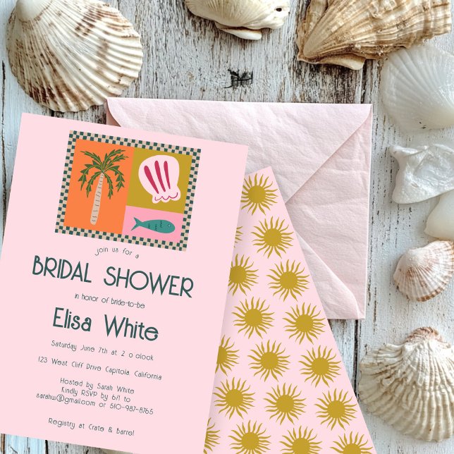 Seaside Soiree Bridal Shower Modern Cute CUSTOM Invitation (Seaside Soiree Bridal Shower Modern Cute CUSTOM Pink Sun Invitation
)