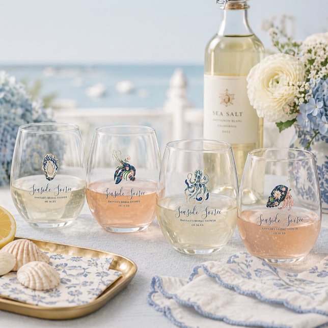 Seaside Soirée Coastal Bridal Shower Stemless Wine Glass (Creator Uploaded)