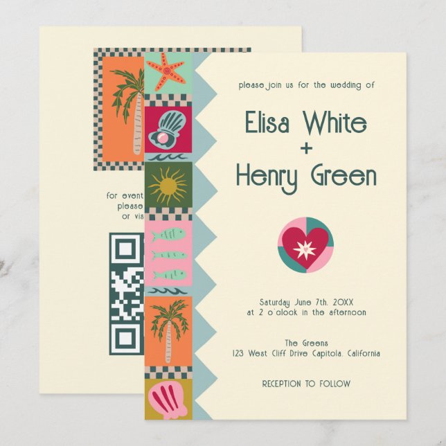Seaside Soiree Modern Cute CUSTOM QR Wedding  Invitation (Front/Back)