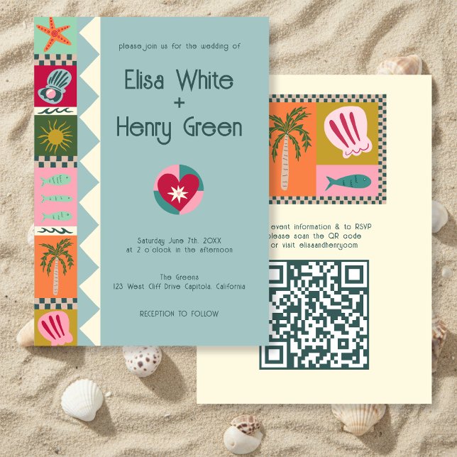 Seaside Soiree Modern Cute CUSTOM QR Wedding  Invitation (Seaside Soiree Modern Cute CUSTOM QR Wedding Invitation
)