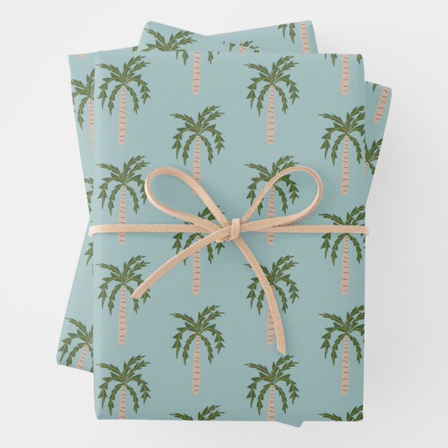 Seaside Soiree Palm Trees Blue Cute CUSTOM Wrapping Paper Sheet (In situ)