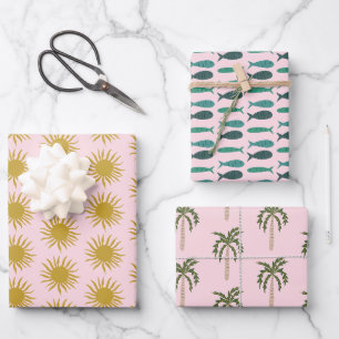 Seaside Soiree Palm trees Fishes Suns Cute CUSTOM Wrapping Paper Sheet