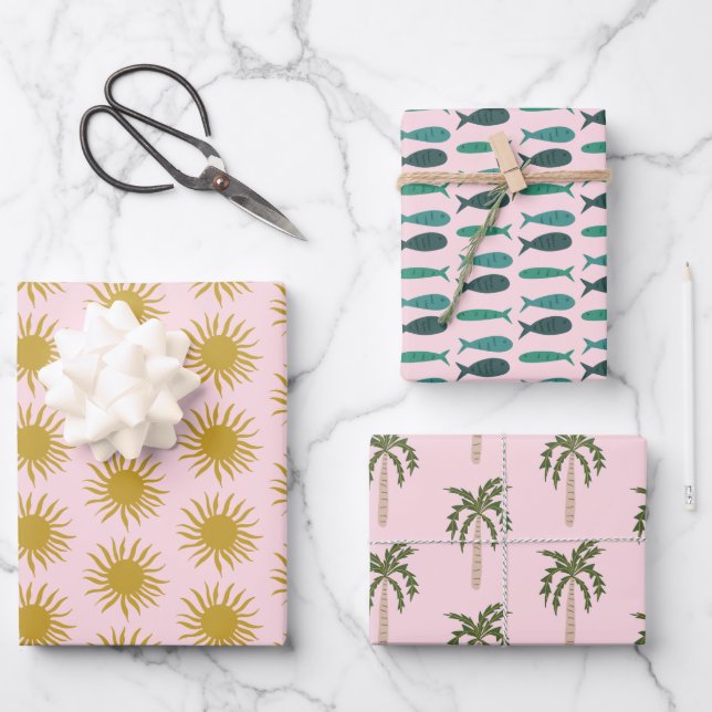 Seaside Soiree Palm trees Fishes Suns Cute CUSTOM Wrapping Paper Sheet (Front)