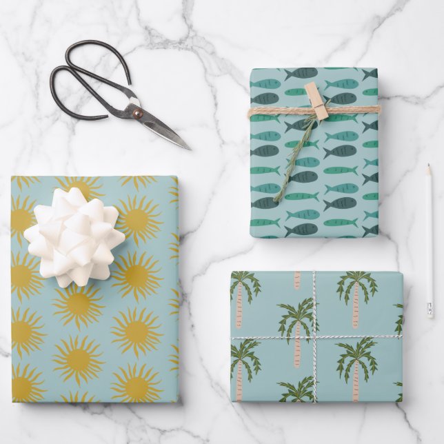 Seaside Soiree Palm trees Fishes Suns Cute CUSTOM Wrapping Paper Sheet (Front)
