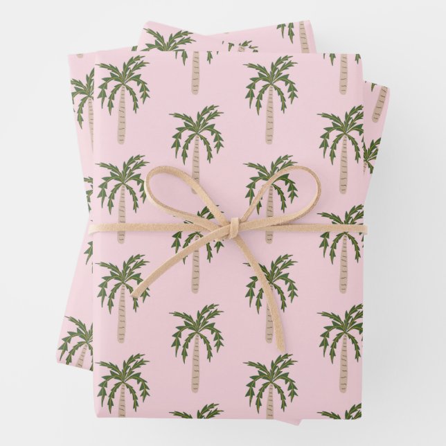 Seaside Soiree Palm Trees Pink Cute CUSTOM Wrapping Paper Sheet (In situ)