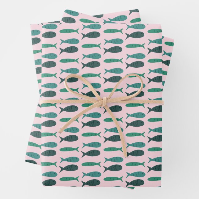 Seaside Soiree Three Fishes Modern Cute CUSTOM Wrapping Paper Sheet (In situ)