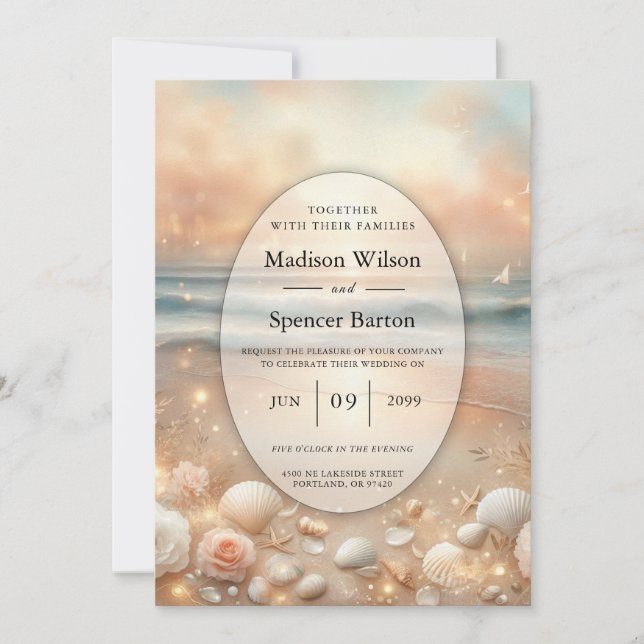 Seaside Sparkle and Sunset Dreams Wedding Invitation (Front)